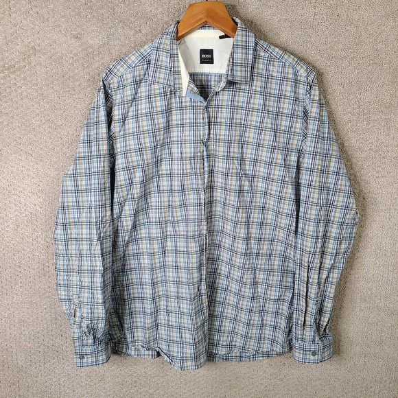Hugo Boss Shirt Mens XL‎ Blue Gray Plaid Button Down Cotton Regular Fit Preppy - Picture 1 of 9